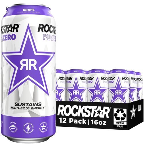 Rockstar Pure Zero Energy Drink, Grape, 0 Sugar, with Caffeine and Taurine, 16oz Cans (12 Pack) (Packaging May Vary)