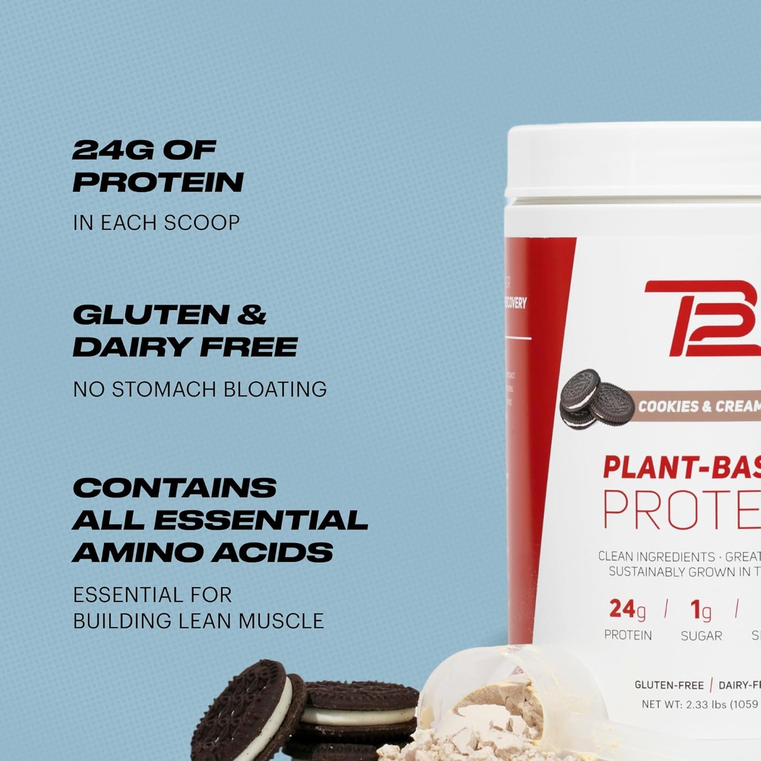 TB12 Plant Based Protein Powder by Tom Brady, 24g of Vegan Pea Protein, Low Sugar, Low Carb, Non-GMO, Meal Replacement, Keto Friendly, Paleo, Sugar Free, Cookies and Cream Flavor (30 Servings) - Image 5