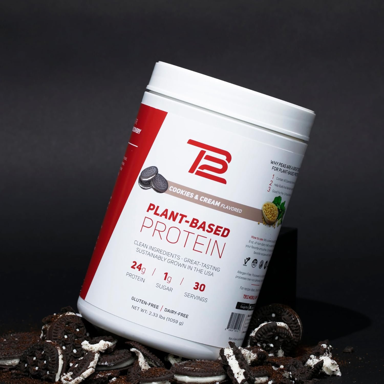 TB12 Plant Based Protein Powder by Tom Brady, 24g of Vegan Pea Protein, Low Sugar, Low Carb, Non-GMO, Meal Replacement, Keto Friendly, Paleo, Sugar Free, Cookies and Cream Flavor (30 Servings) - Image 8
