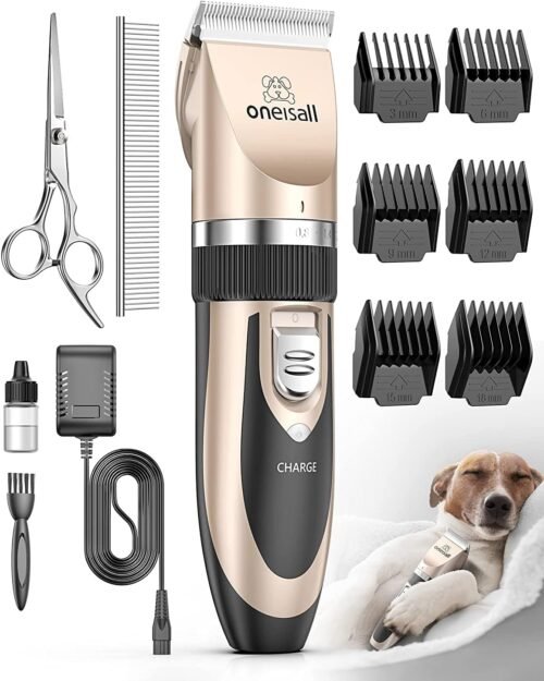 oneisall Dog Clipper Low Noise, Dog Grooming Kit with Rechargeable, Pet Shaver Cordless Electric Quiet Hair Clipper Set for Dogs Cats Pets（Gold）