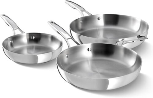 Calphalon Premier Polished 5-Ply Stainless Steel Cookware Set w/Turbo Heat Tech 3 Piece Frying Pan Set, Induction, Oven Safe 500F, Oven Safe 500F, PFOA Free, Polished Stainless Silver